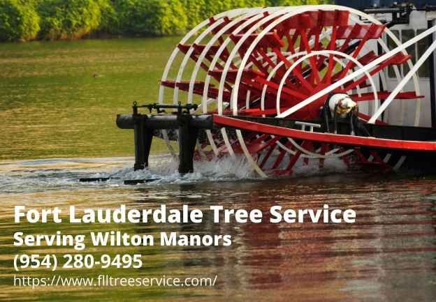 The famous riverboat in Wilton Manors with the contact info Fort Lauderdale Tree Service - a company that delivers tree care in the said city.